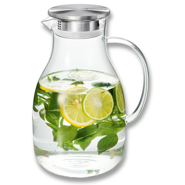 Carafa apa cu capac metalic, 2500 ml, Sticla termorezistenta, ulcior sucuri, limonada si bauturi, maner ergonomic, Wilmax England