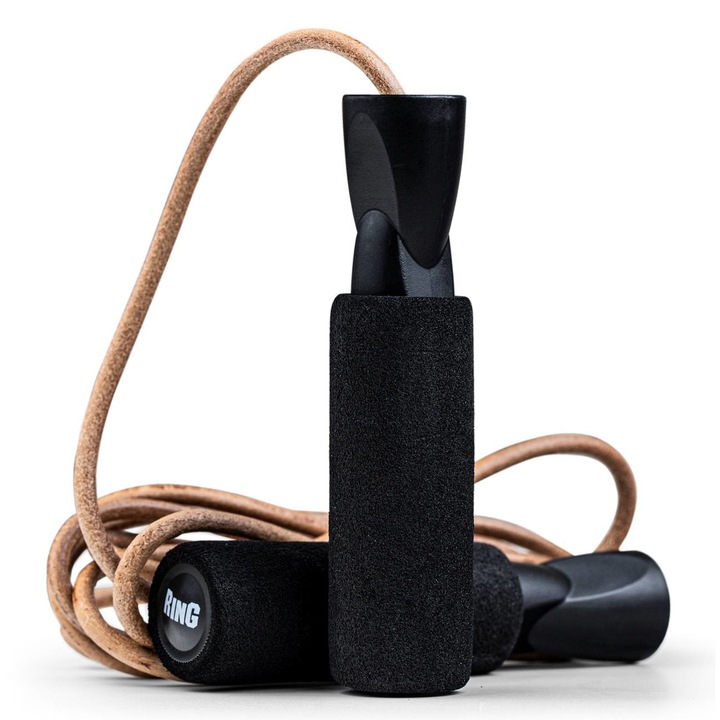 Coarda de sarit Ring, Piele, Manere din plastic, 2.7 m, Negru / Maro