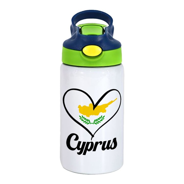 Termos cu steagul Ciprului, Pentru copii, Inox, 350 ml, Verde/Albastru