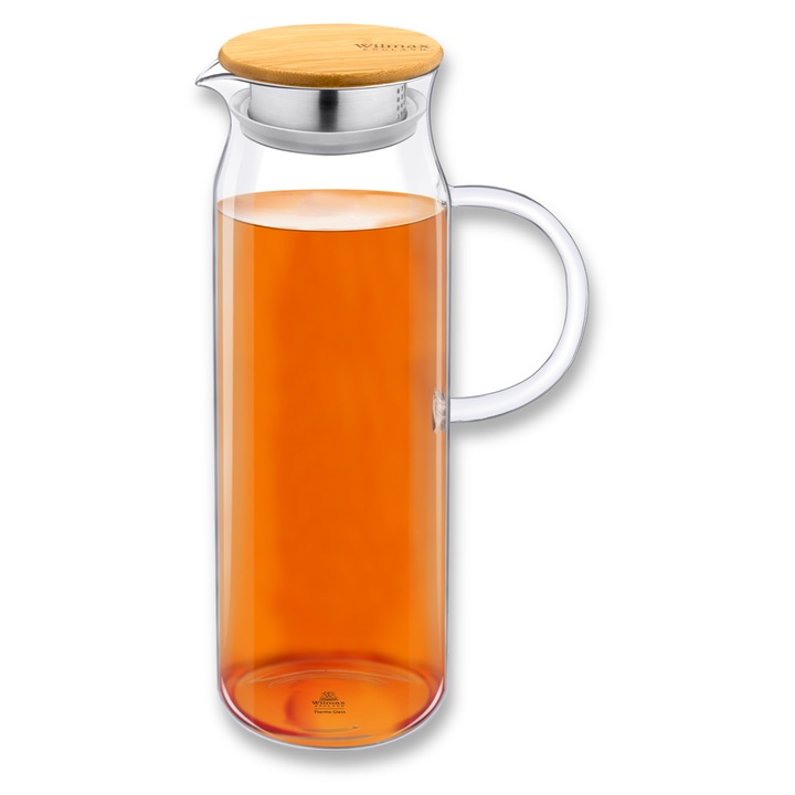 Carafa apa cu capac metalic/bambus, 1500 ml, Sticla termorezistenta, ulcior sucuri, limonada si bauturi, maner ergonomic, Wilmax England