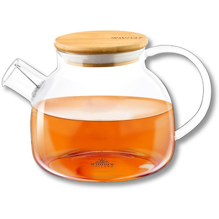 Ceainic sticla cu capac din bambus, pentru ceai, compatibila cu masina de spalat vase, 950 ml, Transparent, Wilmax England