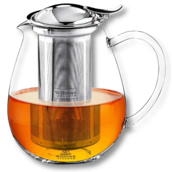 Ceainic cu infuzor de metal, pentru ceai, Sticla termica, compatibila cu masina de spalat vase, 850 ml, Transparent, Wilmax England