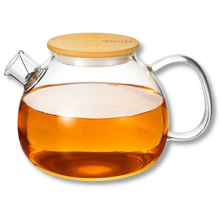 Ceainic sticla cu capac din bambus, pentru ceai, compatibila cu masina de spalat vase, 1500 ml, Transparent, Wilmax England
