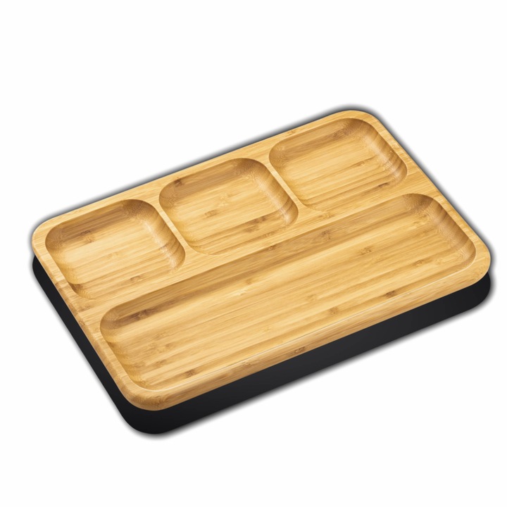 Platou de servire compartimentat, Bambus, lemn, 33x23 cm, farfurie pentru gustari si feluri principale, WILMAX
