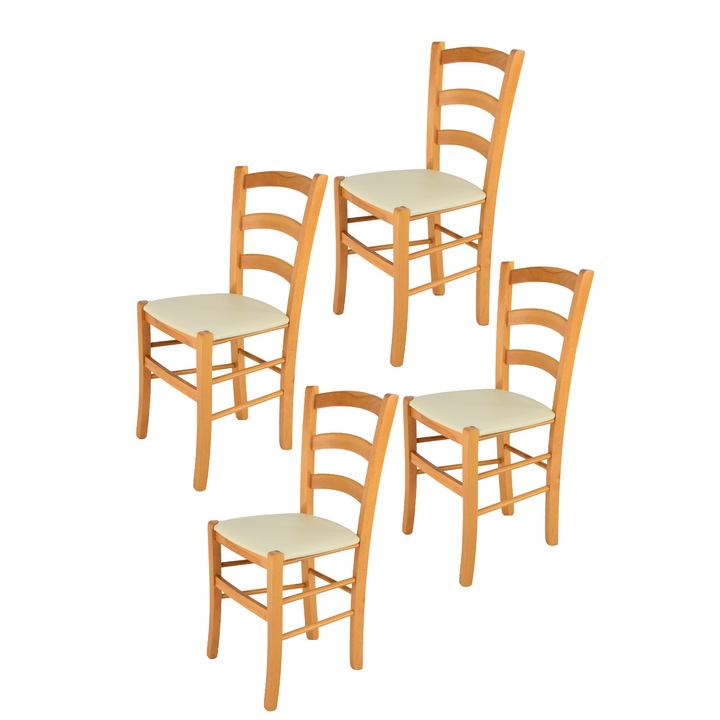 Set 4 scaune Venice, t m c s, Fag, Sezut tapitat cu piele ecologica, Miere/Fildes