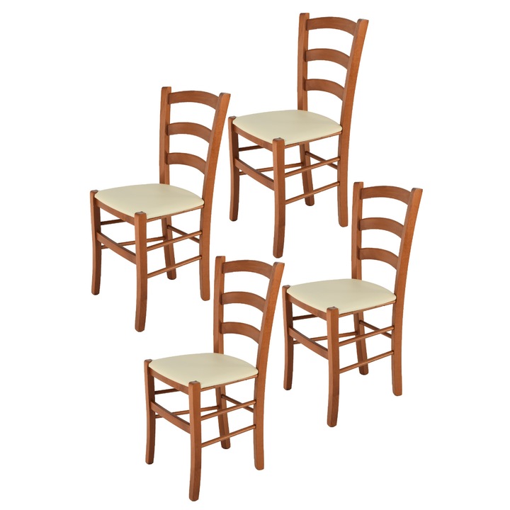 Set 4 scaune Venice, t m c s, Fag, Sezut tapitat cu piele ecologica, Cireasa/Fildes