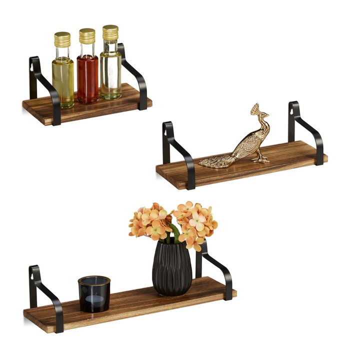 Set 3 rafturi industriale, Relaxdays, maro/negru