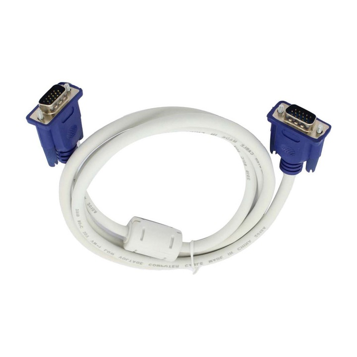 Cablu VGA Detech, 1.5m, dublu ecranat, bobina antiparaziti, alb