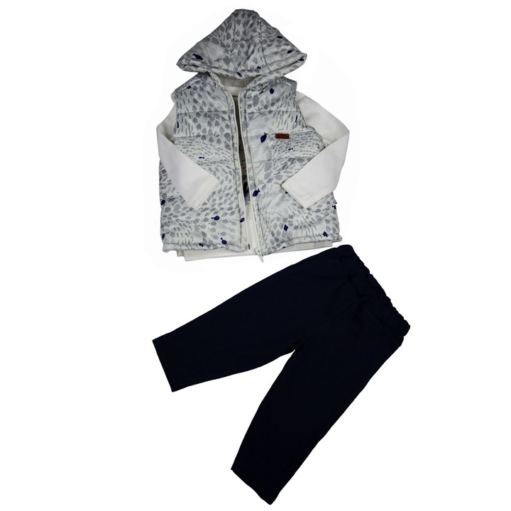 Compleu Baieti "Little Fish" 3 Piese Vesta, Bluza Maneca Lunga Si Pantaloni Lungi 100% Bumbac, Gri