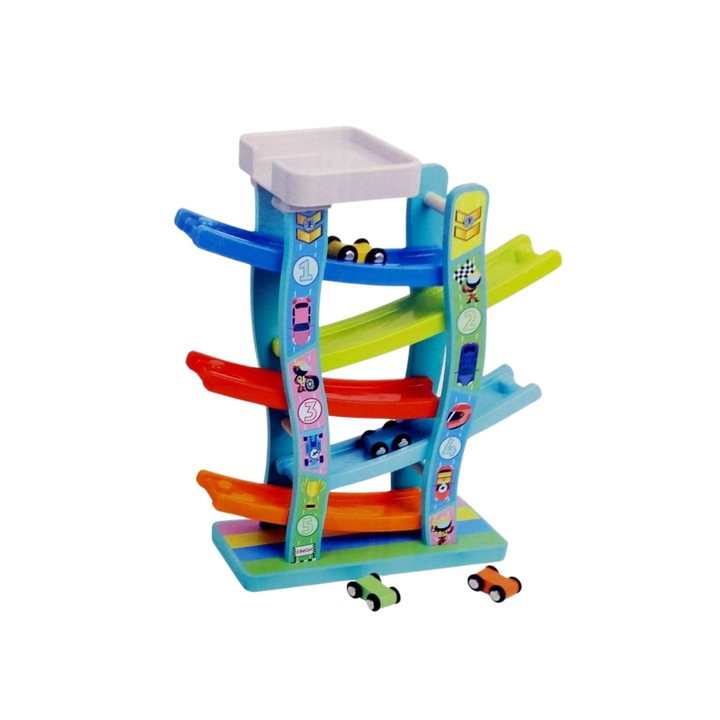 Joc Traseu 5 piste cu 5 masinute din lemn, multicolor, 32 cm