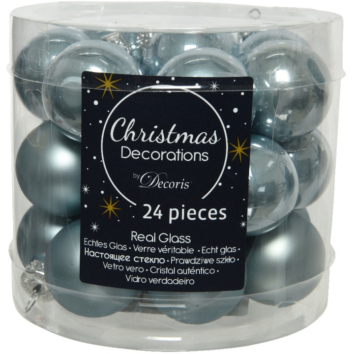 Комплект 24 коледни топки Decoris, Стъкло, 2,5 см, Светло син