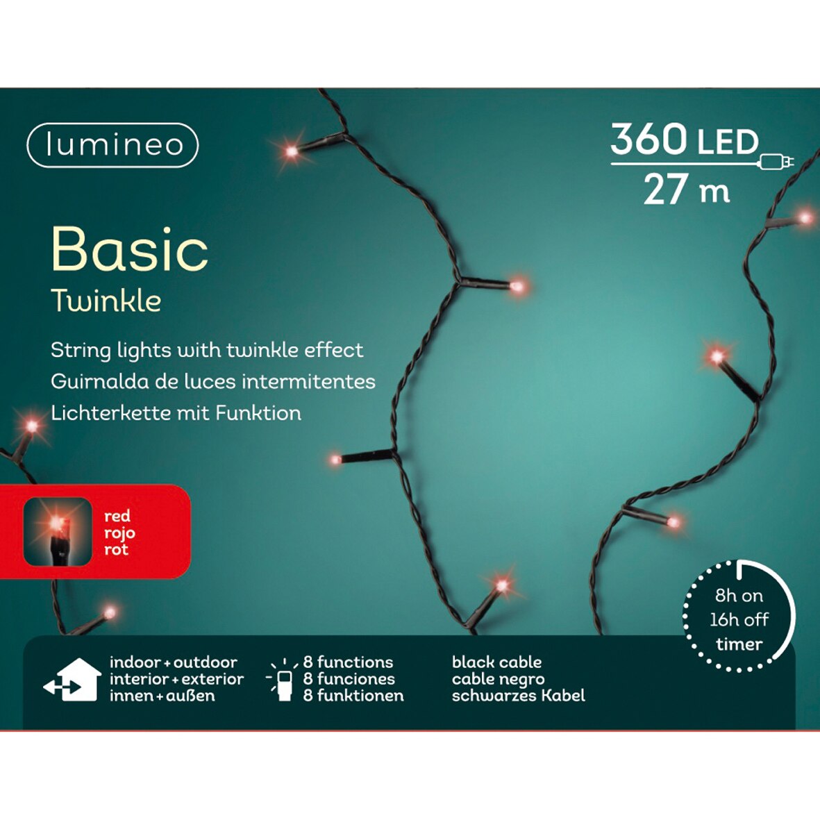 Коледни лампички Lumineo, 360 светодиода, 2700 см, Червена светлина, 8 ...