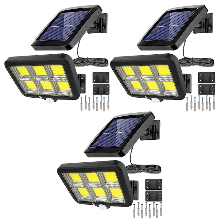 3 db lámpa készlet napelemes töltéssel, szürkület, mozgás és fényérzékelőkkel, 3 üzemmóddal, távirányítóval, 120 x LED COB - 6, K KATHODE