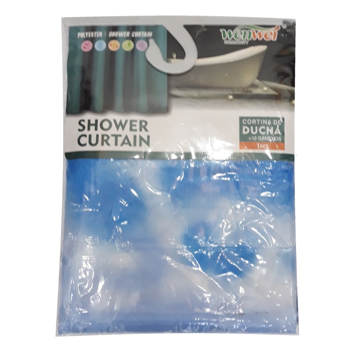 Завеса за душ, полиестер, 170x180 см, синя с делфини, с 12 халки за закрепване