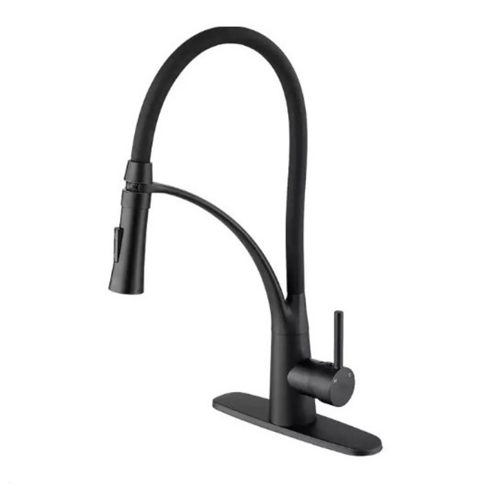 Baterie pentru bucatarie Gaspard, pipa inalta, flexibila, otel inoxidabil, alama, cartus ceramic, 2 tipuri de jet, negru mat, racord inox, aspect elegant, montare rapida