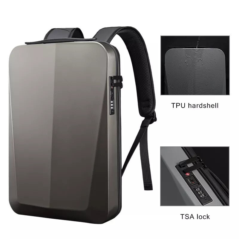 Rucsac laptop 15.6" business cu carcasa rigida din material impermeabil EVA, sistem antifurt, port de incarcare USB, BANGE, 30x8x45 cm, Auriu