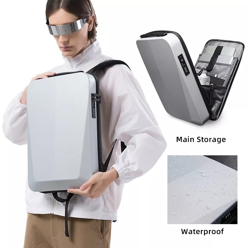 Rucsac laptop 15.6" business cu carcasa rigida din material impermeabil EVA, sistem antifurt, port de incarcare USB, BANGE, 30x8x45 cm, Argintiu
