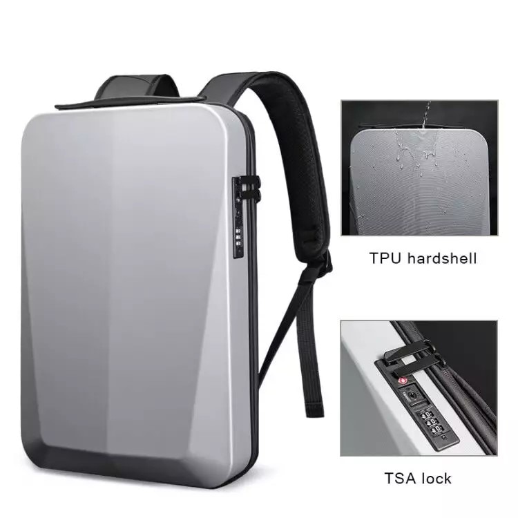 Rucsac laptop 15.6" business cu carcasa rigida din material impermeabil EVA, sistem antifurt, port de incarcare USB, BANGE, 30x8x45 cm, Argintiu