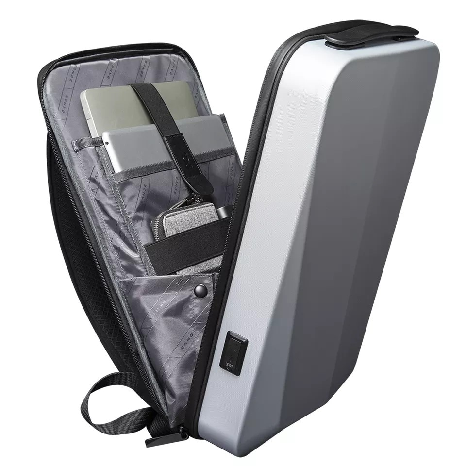 Rucsac laptop 15.6" business cu carcasa rigida din material impermeabil EVA, sistem antifurt, port de incarcare USB, BANGE, 30x8x45 cm, Argintiu
