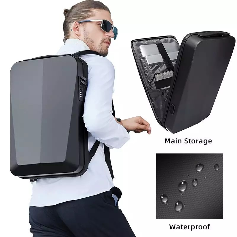 Rucsac laptop 15.6" business cu carcasa rigida din material impermeabil EVA, sistem antifurt, port de incarcare USB, BANGE, 30x8x45 cm, Negru