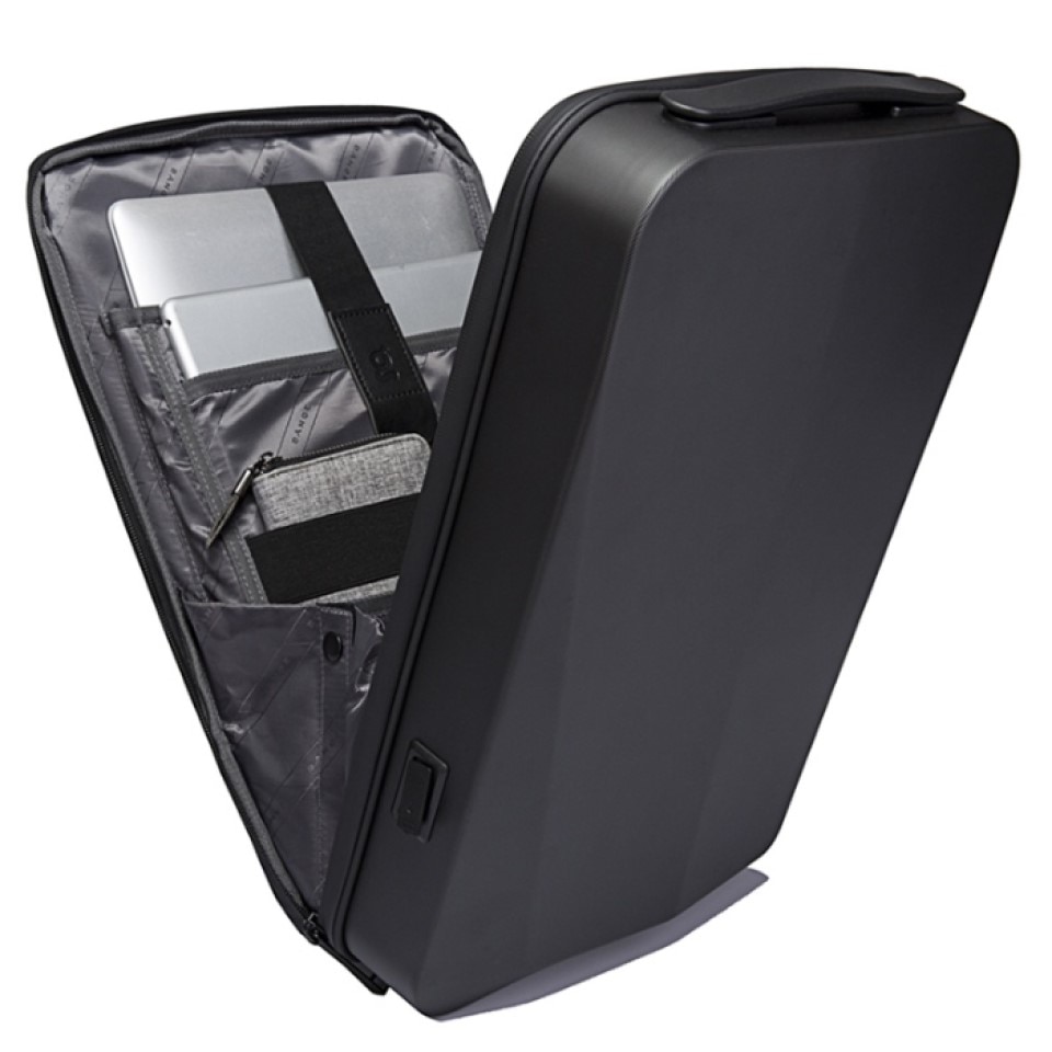 Rucsac laptop 15.6" business cu carcasa rigida din material impermeabil EVA, sistem antifurt, port de incarcare USB, BANGE, 30x8x45 cm, Negru