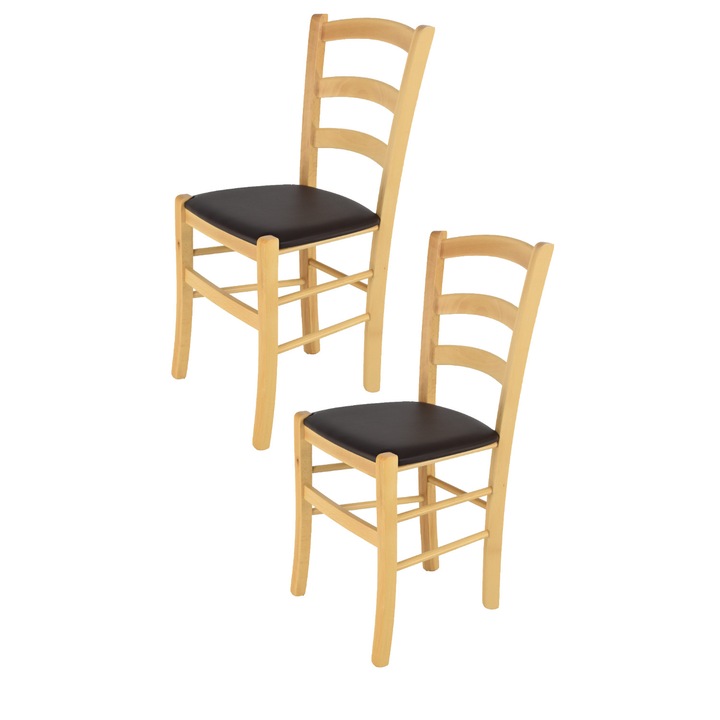 Set 2 scaune Venice, t m c s, Fag, Sezut tapitat cu piele ecologica, Natural/Mocha