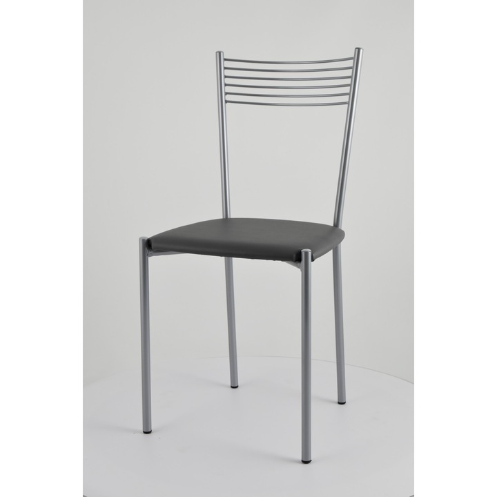 Set 4 scaune Elegance, t m c s, Otel vopsit Aluminiu, Sezut tapitat cu piele ecologica, Gri Inchis