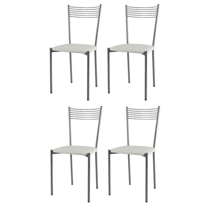 Set 4 scaune Elegance, t m c s, Otel vopsit Aluminiu, Sezut tapitat cu piele ecologica, Alb