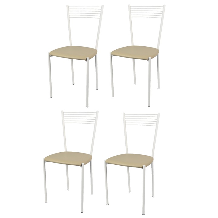 Set 4 scaune Elegance, t m c s, Otel, Sezut tapitat cu piele ecologica, Alb/In