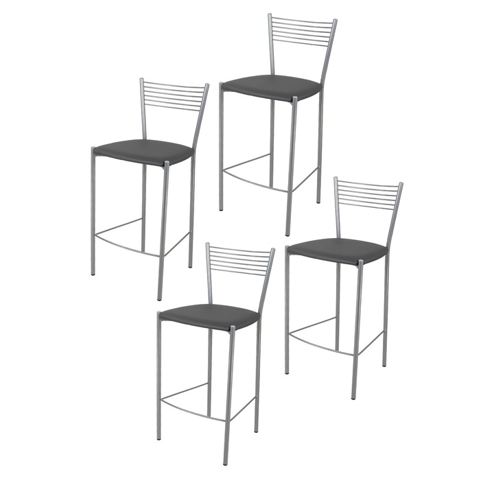 Set 4 scaune de bar, Elegance, t m c s, Otel vopsit aluminiu, Sezut tapitat cu piele ecologica, Gri Inchis