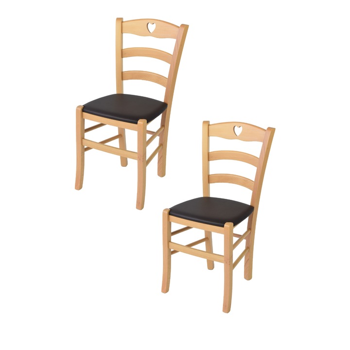 Set 2 scaune Cuore, t m c s, Fag, Sezut tapitat cu piele ecologica, Natural/Mocha