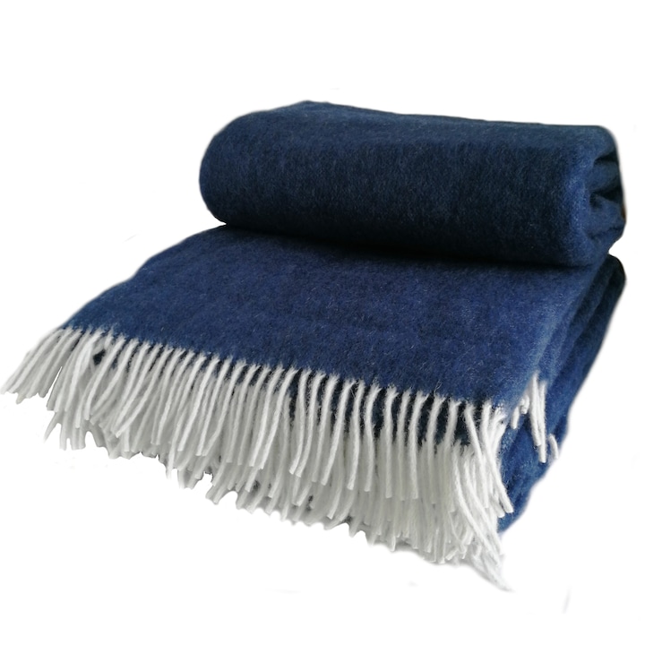 Patura de lana 100% lana unicat cu franjuri albastru marin