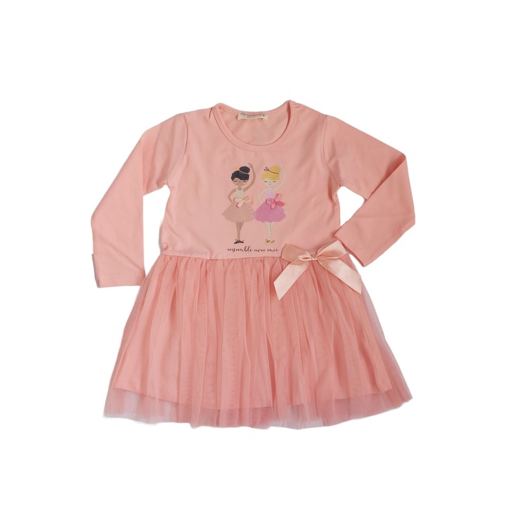 Rochita Fete, cu Maneca Lunga si Tul, Model Balerine, Roz Somon