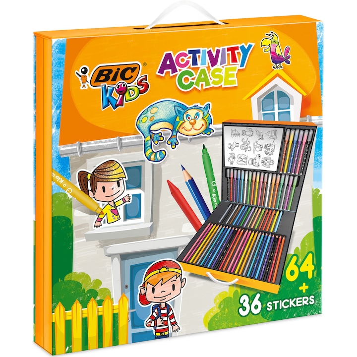 Cutie creatie pentru copii, BIC Kids Activity Case - 24 de Creioane de Colorat/24 de Markere de colorat/16 Creioane de colorat cerate/36 de Autocolante