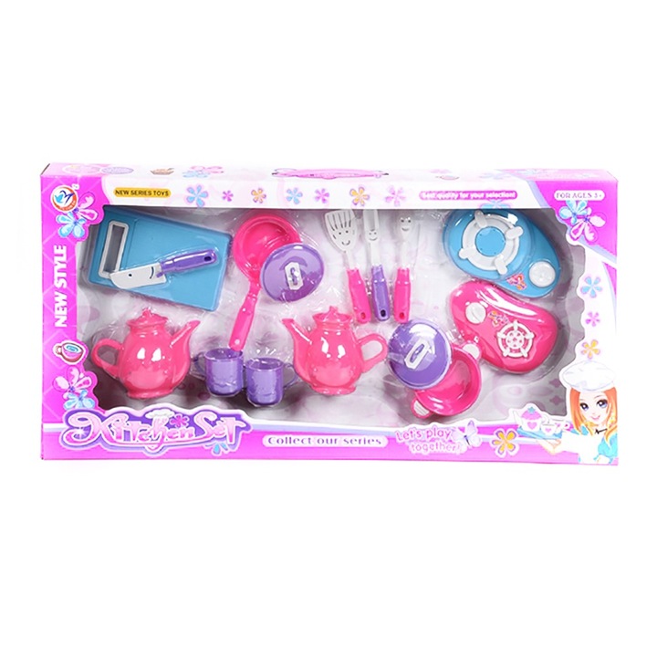 Set de joaca bucatarie si ustensile pentru gatit, 13 piese, din plastic