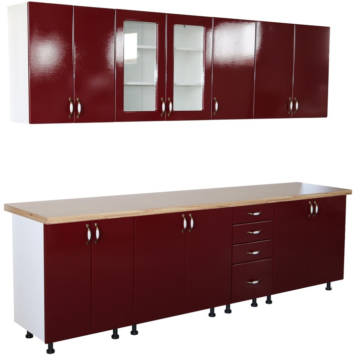 Bucatarie Zebra 260 cm din MDF Rosu Simplu cu blat termoizolant crem