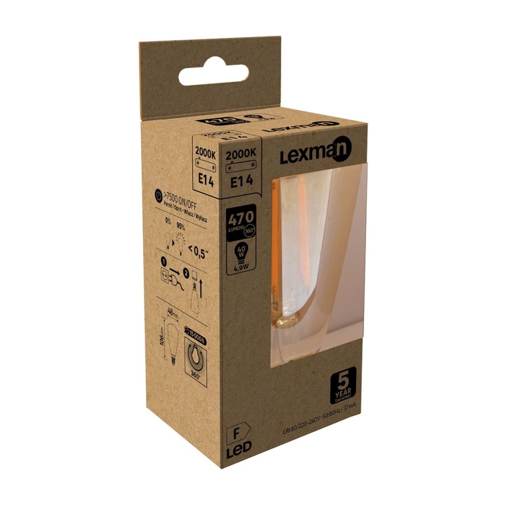 Bec LED decorativ, Lexman, E14, alb cald, 2000K, 5 W, 470 lm, tip ...
