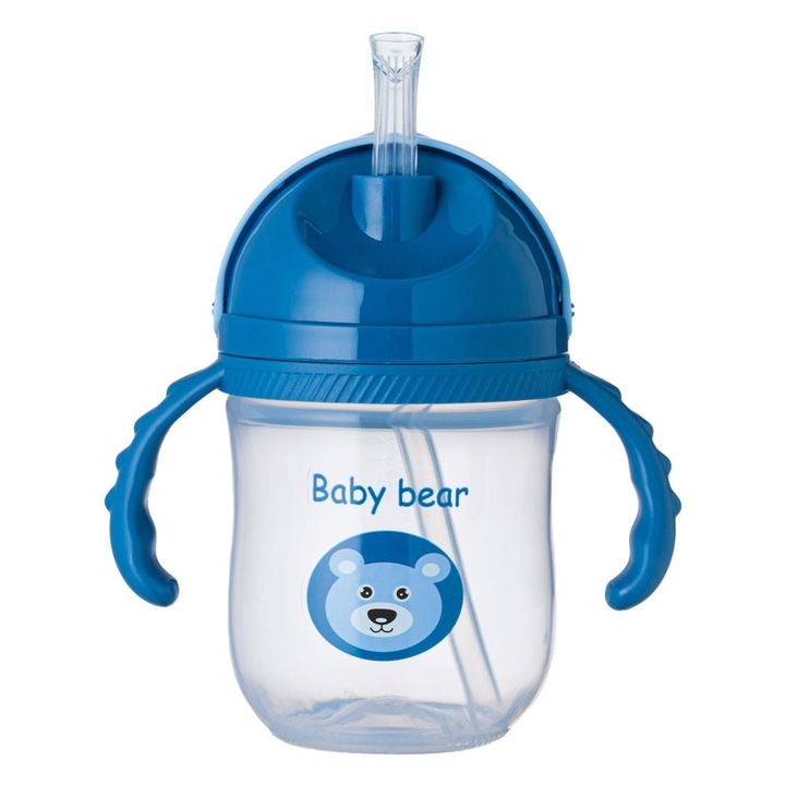 Pohár szívószállal és fogantyúkkal, Honey Baby, Mackó, 235 ml, Kék