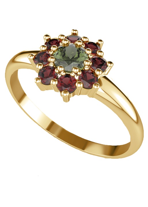 Inel din aur galben cu granate cehe si moldavit