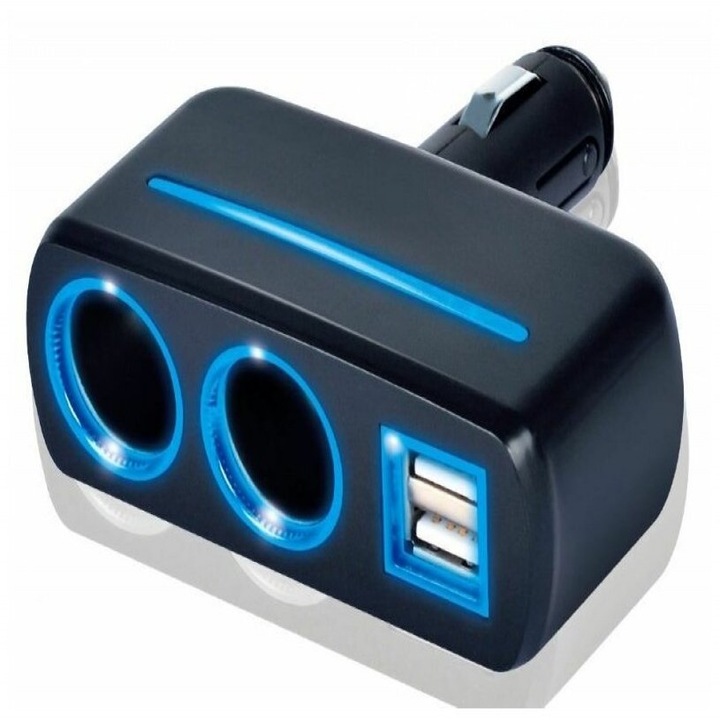 Priza auto 12V Olesson 1637 cu 2 cai fixe > 2 USB 120W negru