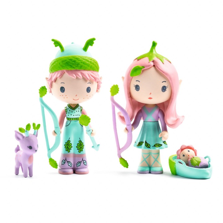 Figurine interactivă Tinyly Elfii Lily & Sylvestre, Djeco, set 3 figuri cu accesorii, plastic, 8cm