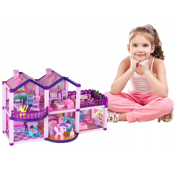 Casuta de Papusi cu 2 Ponei si Multiple Accesorii Portabile, 5 Camere si Terasa, Usor de Asamblat, 38.5 x 58.5 x 22.5 cm, Mov