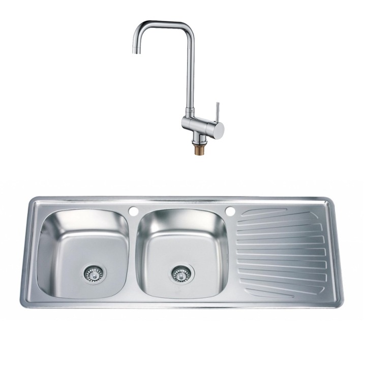 Set chiuveta de bucatarie, Inter Ceramic, Kitchen Line ICF 7192174 7119, Incorporat, Vas dublu, Cu blat dreapta, 120 x 50 cm, 2 piese, Crom