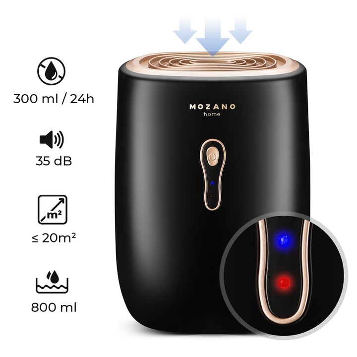 Влагоуловител Dry Vac Mozano, 800 мл, Технология Peltier, Функция за автоматично изключване, цвят черен, златист