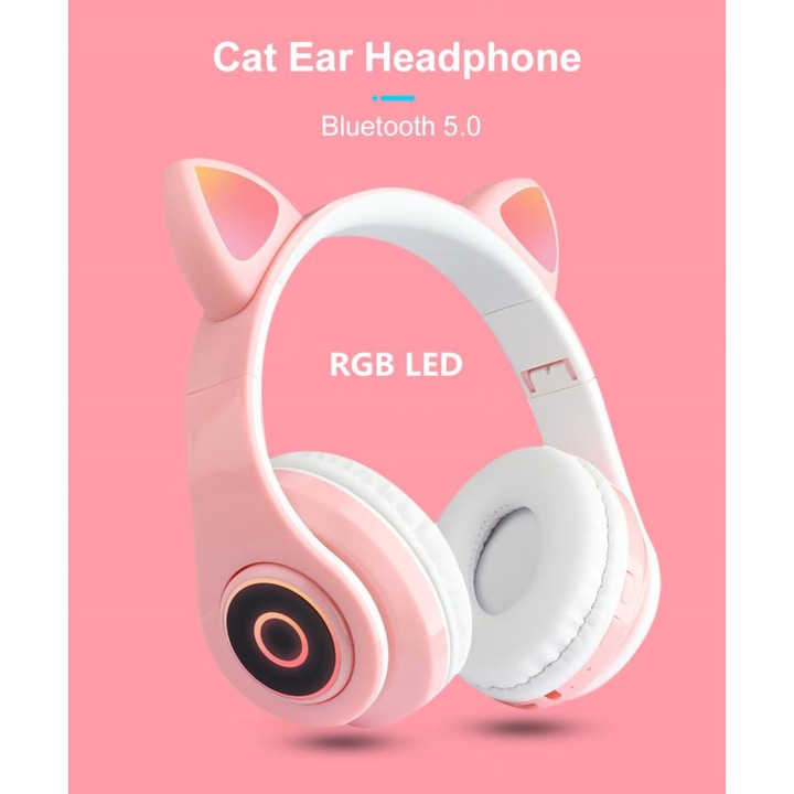 Casti fara fir Mag Antis, Cat Ear LED Light Up, Bluetooth 5.0, Roz