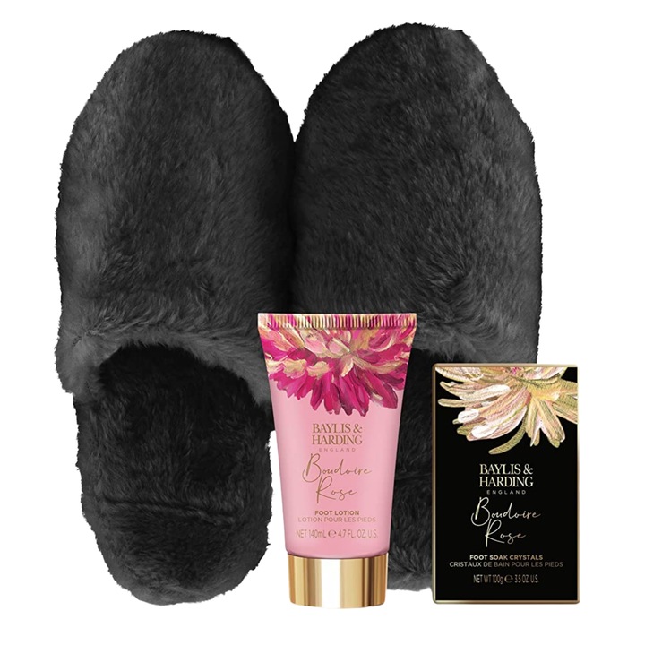 Set 3 Piese Baylis & Harding, Femei, Lotiune Picioare 140 ml, Cristale Pentru Picioare 100 g, 1 Pereche Papuci Casa Pufosi 36-39