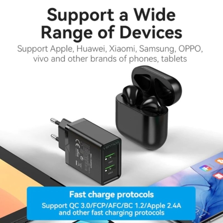 Vention Töltő FBAB0-EU, 18W, 2 USB kimenet, Telefonhoz stb., QC3.0, Kábel nélkül, Fekete