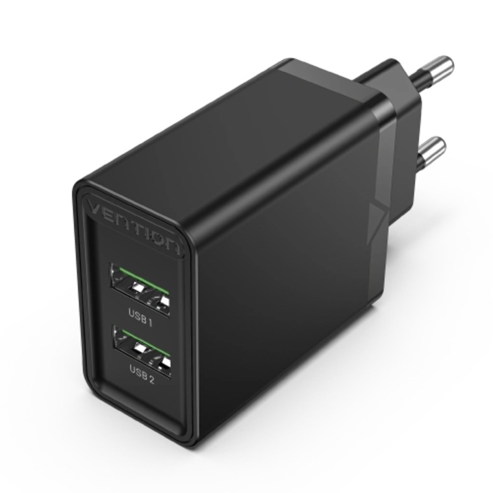 Vention Töltő FBAB0-EU, 18W, 2 USB kimenet, Telefonhoz stb., QC3.0, Kábel nélkül, Fekete
