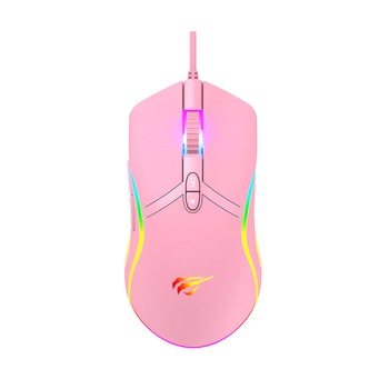 Mouse de gaming cu fir, Havit, MS1026 roz, RGB, 1000-6400 DPI, Multicolor