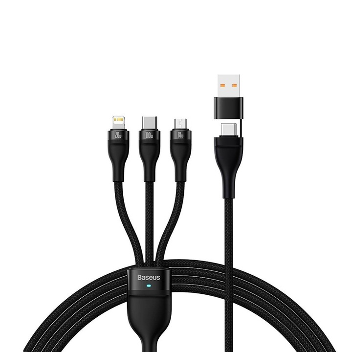 Кабел за зареждане Baseus, Flash Series 2, 3 в 1, USB A / USB-C към USB-C, Micro USB, тип Lightning, 100W, 1,2 м, Черен